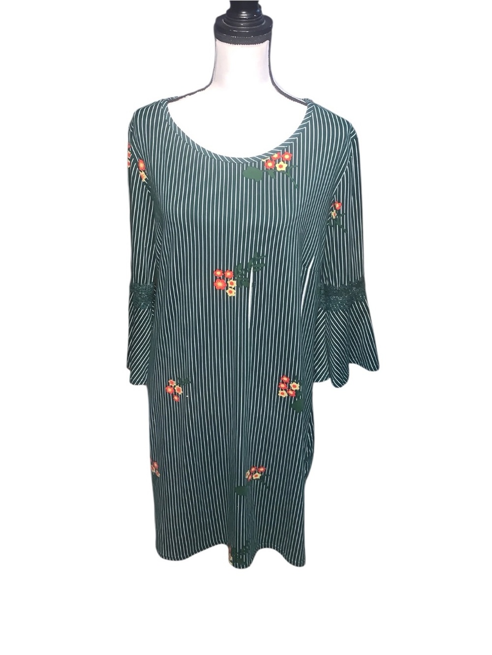 Jon & Anna Contemporary Bell Sleeve Dress Green White Striped Floral Stretchy